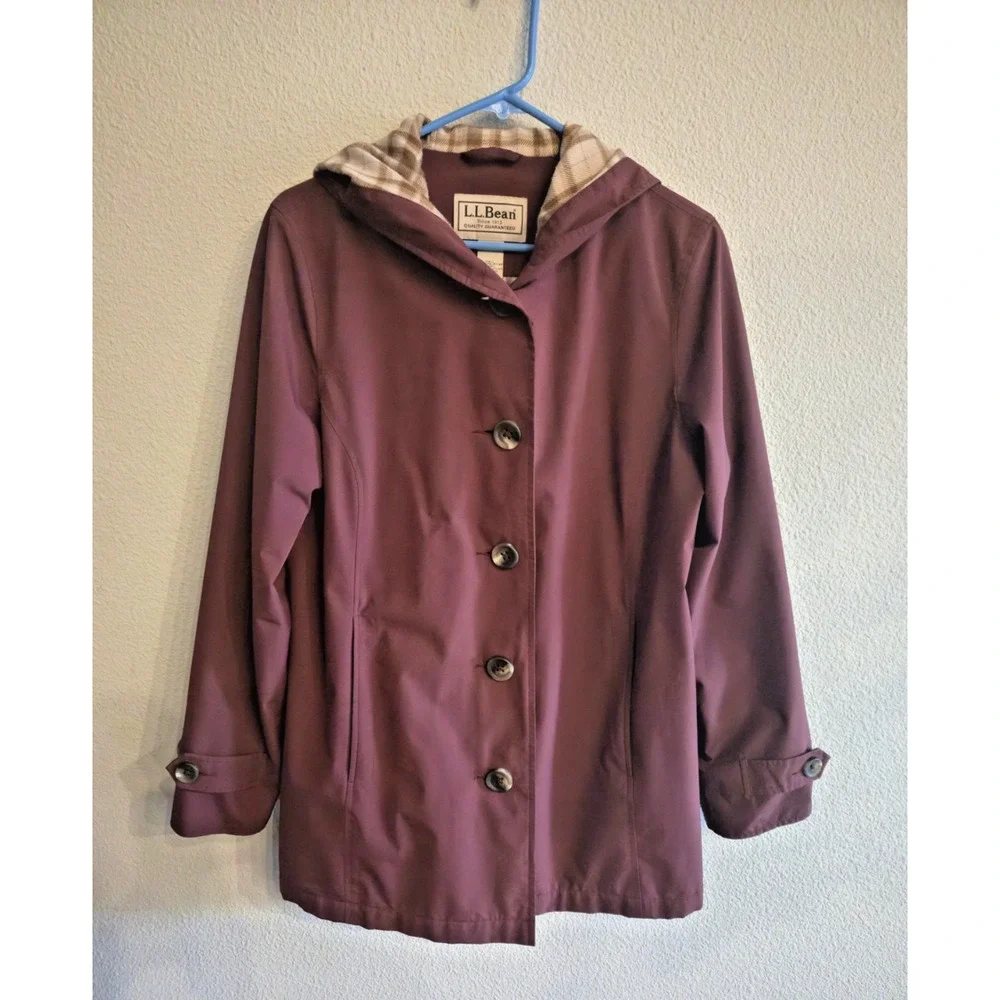 LL Bean Plaid Lined Hooded Rain Jacket Maroon Burgundy Coat Women's Size S Reg
